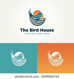 minimalist unique bird house with sun line art label logo vector illustration design. simple modern bird nest logo concept