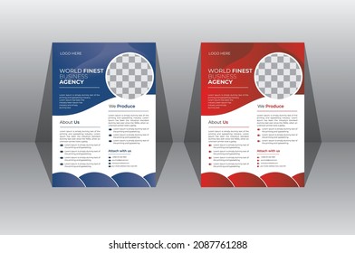 Plantilla de diseño de volante de vector A4 único minimalista. Este volante presenta variaciones de color azul y rojo con formas y gradientes únicos. Cualquiera puede usarlo para promoción, impresión, presentación y marketing.