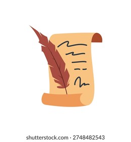Minimalist unrolled paper scroll with a quill pen, clean flat vector design suitable for historical icons, educational resources, or creative writing logos, scalable illustration.