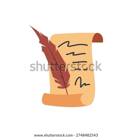 Minimalist unrolled paper scroll with a quill pen, clean flat vector design suitable for historical icons, educational resources, or creative writing logos, scalable illustration.