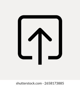 Minimalist upload icon with an arrow pointing upwards. Simple upload symbol in black on a white background. Ideal for upload, sharing, and file transfer concepts. UI icon vector.