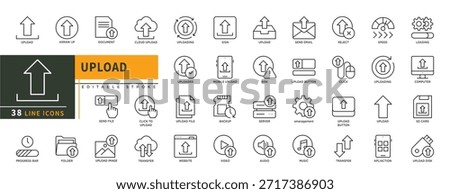 Minimalist Upload line icons set with editable stroke, featuring arraw, document, cloud upload, send file, click to, transfer, upload image, folder, loading, sd card, disk. thin linear illustration.