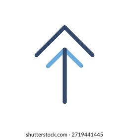 Un icono minimalista de flecha hacia arriba en dos tonos de azul. Diseño de estilo plano sobre un fondo blanco.