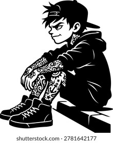 Minimalist urban boy silhouette vector illustration featuring full-arm and leg tattoos, wearing a hoodie, sneakers, and a baseball cap. Modern streetwear mascot character in bold black monochrome style sitting on a ledge. Perfect for t-shirt design, skater branding, stickers, apparel, and lifestyle posters. High-quality editable EPS 10 vector isolated on white background.