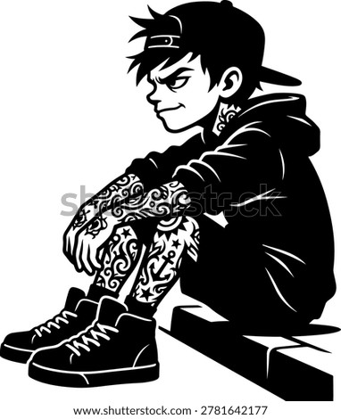 Minimalist urban boy silhouette vector illustration featuring full-arm and leg tattoos, wearing a hoodie, sneakers, and a baseball cap. Modern streetwear mascot character in bold black monochrome style sitting on a ledge. Perfect for t-shirt design, skater branding, stickers, apparel, and lifestyle posters. High-quality editable EPS 10 vector isolated on white background.