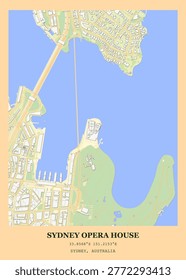 Minimalist urban map and architectural layout of the Sydney Opera House and Sydney Harbour, Australia.
