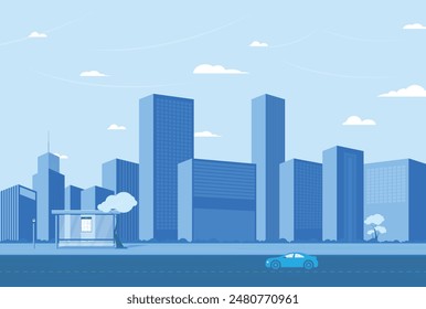 Minimalist urban skyline featuring modern buildings and trees under a cloud-filled sky. The cityscape is designed in flat style with shades of blue, a clean and contemporary vector illustration.