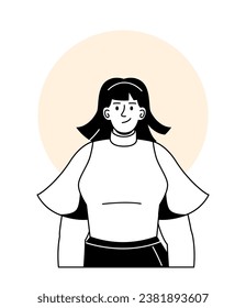 Concepto de avatar de usuario minimalista. Muchacha con ropa informal. Moda, tendencia y estilo. Software y aplicación. Plantilla y diseño. Ilustración lineal vectorial aislada en fondo blanco