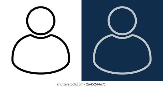 Ícone de usuário minimalista. Traçado editável. Símbolos simples de perfil humano preto e branco para avatar, perfil, interface, contato ou login. Contorno de design plano sobre fundo claro e escuro.