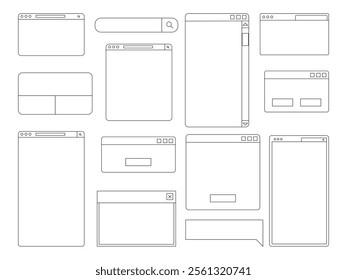 Minimalist User Interface Design Bundle. A set of 13 clean-lined UI wireframe elements, including browsers, chat boxes, search bars, and layouts for web and mobile designs