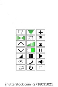 Minimalist user interface icon set featuring essential system symbols such as Wi-Fi, signal strength, battery, media controls, navigation arrows, power button, and menu icons. Clean flat design with black shapes and green access on white background.