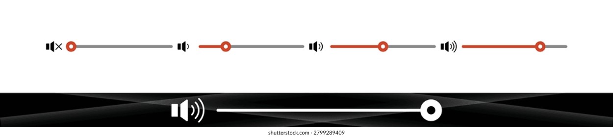 Minimalist user interface vector elements showcasing audio volume adjustment sliders. Features four slider bars representing different sound levels from mute to full volume with crisp red accents, alongside an inverted black and white layout variant.
