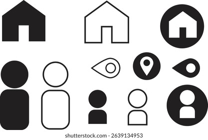 Minimalist User Interface Vector Icons with Home, Person, Eye, and Location Symbols Collection

