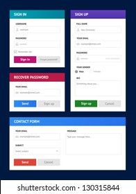 Minimalist user interfaces in metro style. Registration, recover password, sign in and contact form.