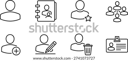 Minimalist User Profile and Contact Management Line Icon Set Featuring Add, Edit, Delete, Favorite, Group, and Identity Card Business Symbols