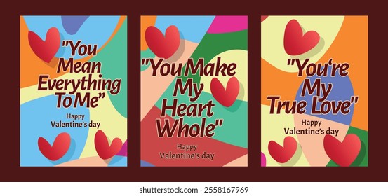 Minimalist Valentine Greeting Cards with Subtle Heart Patterns. A set of Valentine’s Day greeting card with sample text, red hearts and abstract backgrounds templates vector illustration. 