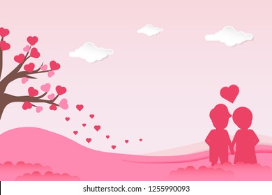 Minimalist valentines day background in paper cut style design. Two couples in the hill with love tree, heart shape leaf. Couple lovers scenery. Vector illustration