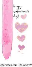 A minimalist Valentine's Day card featuring a vertical pink watercolor stroke and three overlapping pink hearts with gold foil accents.