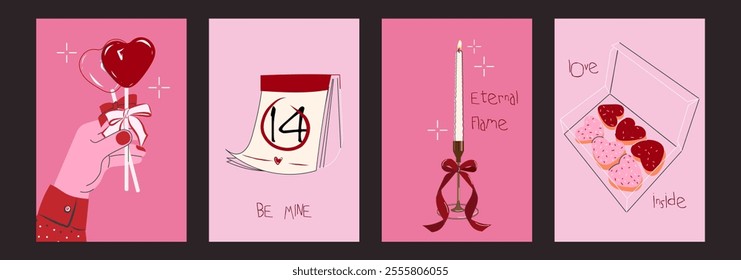 Minimalist Valentine's Day Card Set in Pink Tones. Features Heart Lollipops, Romantic Calendar, Candle with 'Eternal Flame,' and Box of Heart Cookies. Modern and Playful Design for Love Themes	
