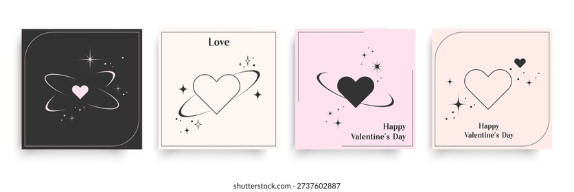 Minimalist Valentine's Day cards set with heart, stars, and orbit elements for greeting cards, social media posts, digital invitations, printable art, and romantic marketing designs. Vector 