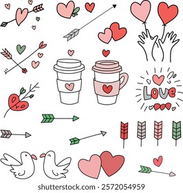 Minimalist Valentine's Day Hand-Drawn Love Doodles Vector Set: Hearts, Cupid, Love Letters, and Romantic Icon Set	