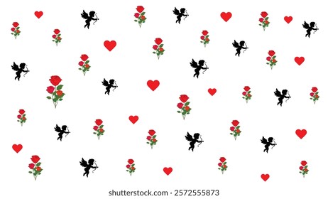 Minimalist Valentine's Day Pattern with Cupid, Roses, and Hearts in a Seamless Vector Design