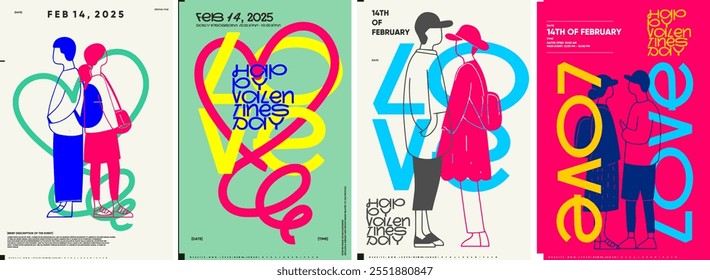 Minimalist Valentine's Day poster set featuring couples in line art and vibrant colors, expressing love and connection. Creative designs for cards, banners, and covers.