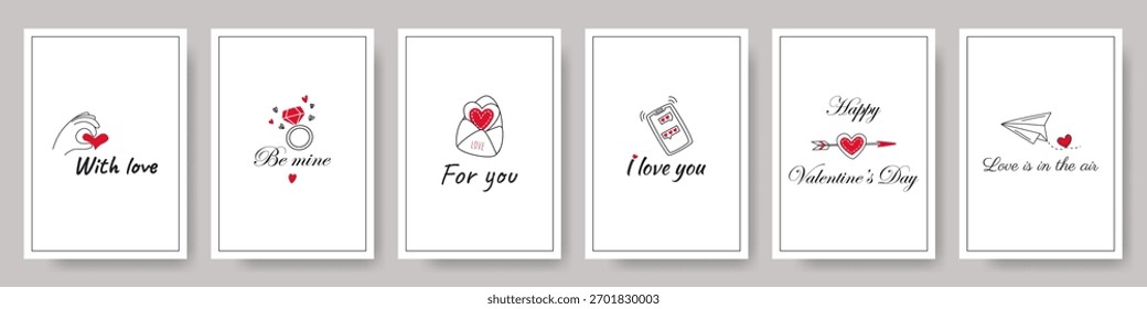 Minimalist Valentines Day posters with hand drawn elements. Handwritten love inscriptions. Line drawing of love: ring, heart, arrow, paper airplane, envelope letter. Card, poster, cover vector set