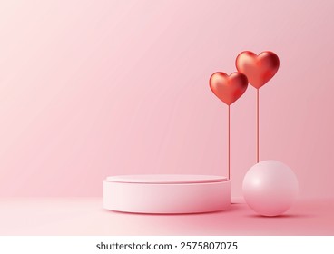 Minimalist Valentines Day scene with 3D pink podium, red heart balloons, and white sphere on a soft pink backdrop. Romantic product displays, mockups, or greetings card