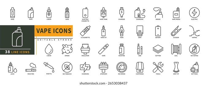 Ícones de linha de Vape minimalista definidos com traço editável, com líquido, cigarro elétrico, tanque de vape, isolador, fumaça, carregamento, bateria, gotejamento, cbd, corte, bobina, vaping.