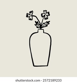 Minimalist Vase Flower Pottery Ceramic. Jug Sketch Black Line Symbol. Stylized Whimsical Hand Drawn Vector Element Decor