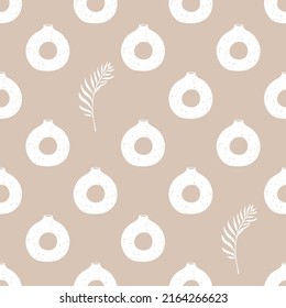 Minimalist vases and palm leaves seamless pattern in pastel colors. Boho style. White elements on beige background.