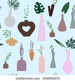Minimalist vases with plants vector pattern design
