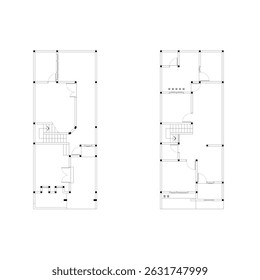  Minimalist vector 2-story house plan in black and white, unfurnished. Perfect for architects, interior designers, or anyone planning a home layout.