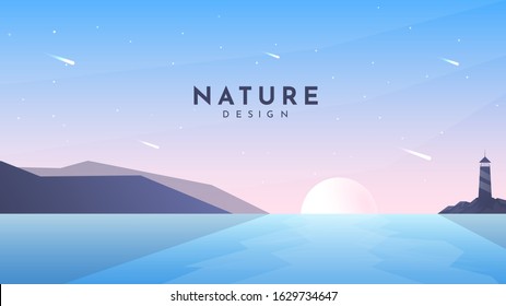 Minimalist vector abstract illustration. Flat style background. Sunset scene. Polygonal mountain and lighthouse on the rock. Sun reflection in water. Colorful backdrop. Blue wallpaper. Clear sky