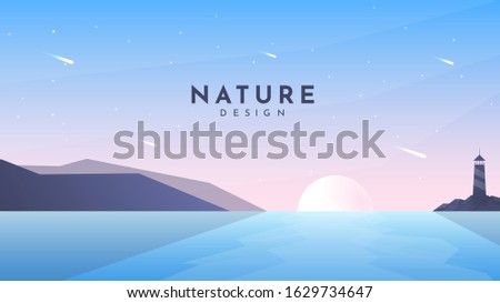 Minimalist vector abstract illustration. Flat style background. Sunset scene. Polygonal mountain and lighthouse on the rock. Sun reflection in water. Colorful backdrop. Blue wallpaper. Clear sky