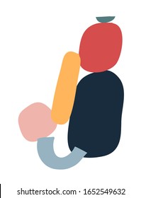 Minimalist vector abstraction on white background. Colorful abstract shapes. Geometric composition. Navy blue, red, pink, yellow colors. For cards, posters.