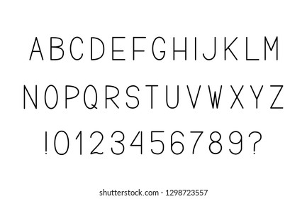 Minimalist vector alphabet. Letters A-Z, numbers 0-9 and punctuations isolated on white. Sans serif font. Latin uppercase symbols. Thin narrow capital letters. Easy to edit design template.