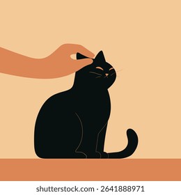 Minimalist vector art cat being stroked by hand solid background International Cat Day