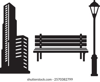 Minimalist vector art of city elements, including a modern building, park bench, and vintage street lamp in black and white.