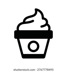Minimalist vector art depicting a stylized cupcake with swirling frosting. Clean lines and solid black fill. Ideal for culinary blogs, dessert shops, or graphic design elements.