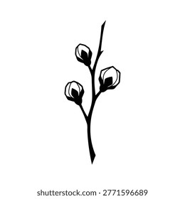 Minimalist vector art features a slender branch adorned with three unbloomed flower buds, suitable for various decorative and design applications.