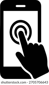 Arte vectorial minimalista de una mano tocando la pantalla de un teléfono inteligente, ilustrando la interacción del App móvil y la tecnología táctil moderna