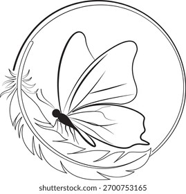Uma ilustração artística vetorial minimalista em preto e branco, com uma delicada borboleta posicionada graciosamente em uma pena, tudo incluído em uma borda circular simples e fina. A borboleta, 
