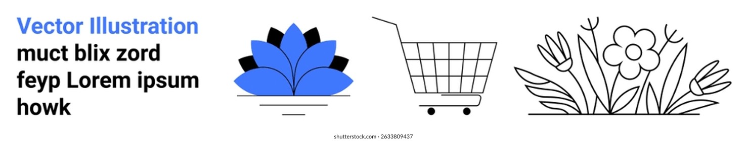 Minimalist vector art including a blue and black lotus, a simple shopping cart, and line-drawn flowers. Ideal for retail, nature, and lifestyle themes. Banner for landing page