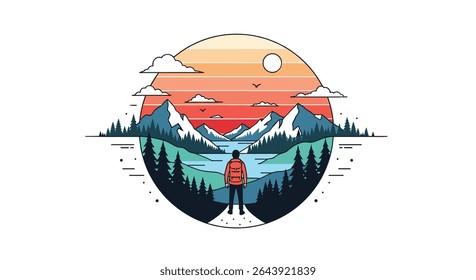 Paisagem de Arte Vetorial Minimalista: Beckons de Aventura nas Montanhas Serenas e no Lago