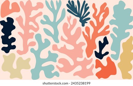 Minimalist Vector Art of Matisse Cutout Shapes for Corals in Muted Colors, Minimally Editing the Original Text. Matisse in the Style of Matisse". No Chinese Characters Were Present To Remove