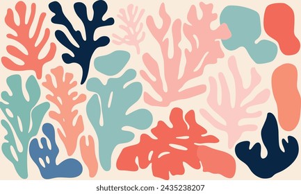 Minimalist Vector Art of Matisse Cutout Shapes for Corals in Muted Colors, Minimally Editing the Original Text. Matisse in the Style of Matisse". No Chinese Characters Were Present To Remove