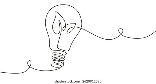 Minimalist Vector Art Plant Inside Lightbulb. Renewable Energy Growth Sustainability One Line Drawing.