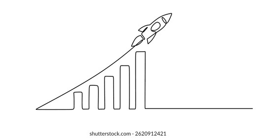 Minimalist Vector Art Rocket Launching Increasing Graph. Business Success Symbol One Line Drawing.